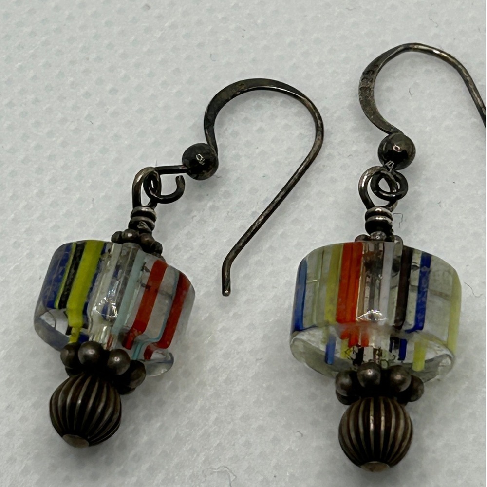 Glass Drop Earrings 925 Sterling Silver Multicolor Striped Dangle Colorful
